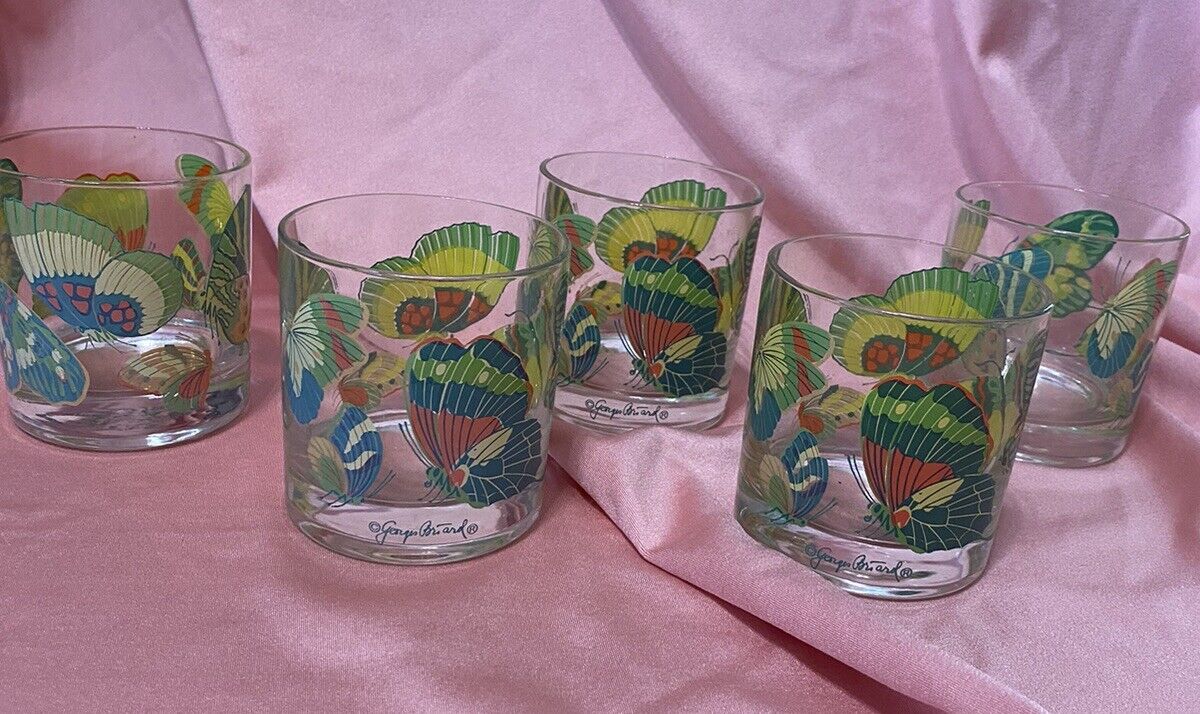 RARE VINTAGE 60s Signed Georges Briard Butterfly Rocks Glasses LowBall SET 5 MCM