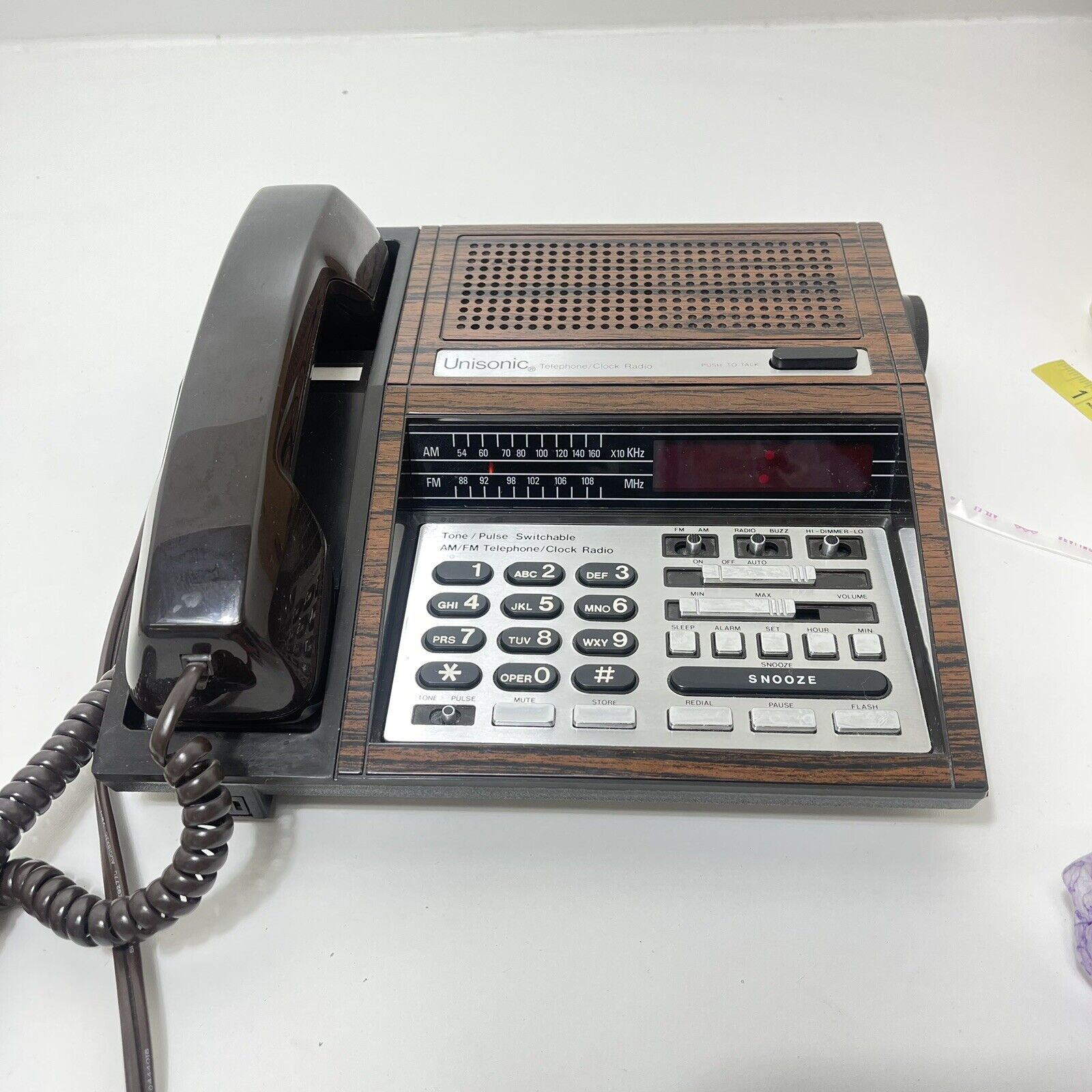 Vtg Unisonic Telephone Alarm Clock AM FM Dial Radio Model 6155 Wood Grain Tested