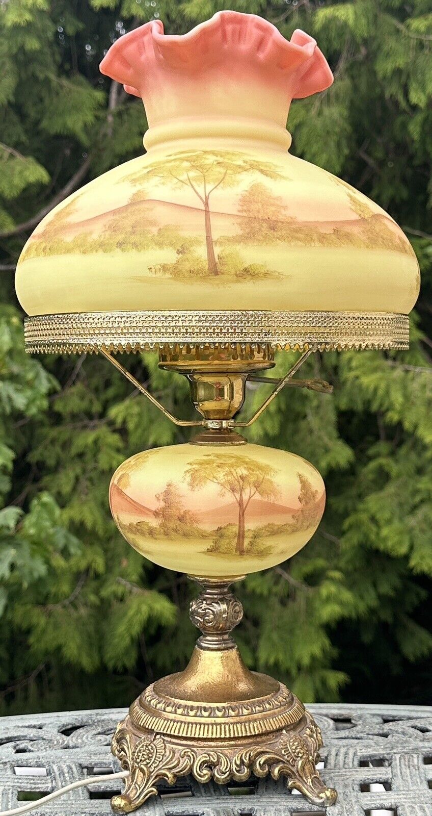 Vintage Fenton Burmese Custard Glass Student Lamp Hand Painted Trees Connie Ash