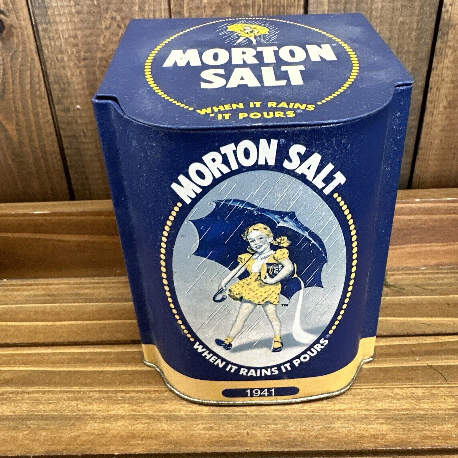 Vintage Morton Iodized Salt 1941 Slant Hinged Flip Top Tin Reproduction