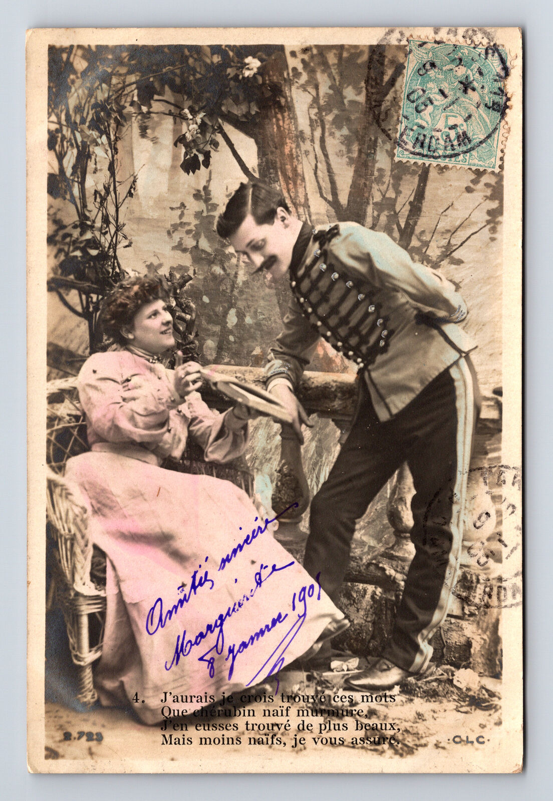 c1905 RPPC French Romance Woman & Soldier Hand Colored Portrait CLC Postcard