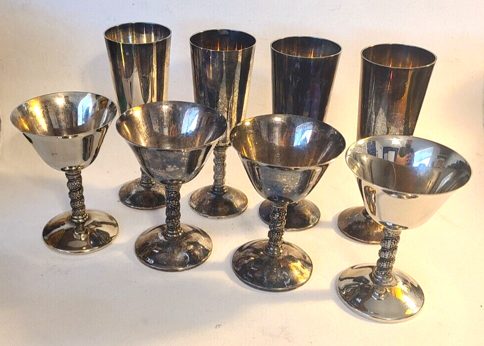 Lot of 8 Silver Plated Roma's Visiuc S.L. Brass Goblets Grape Vineyard Theme