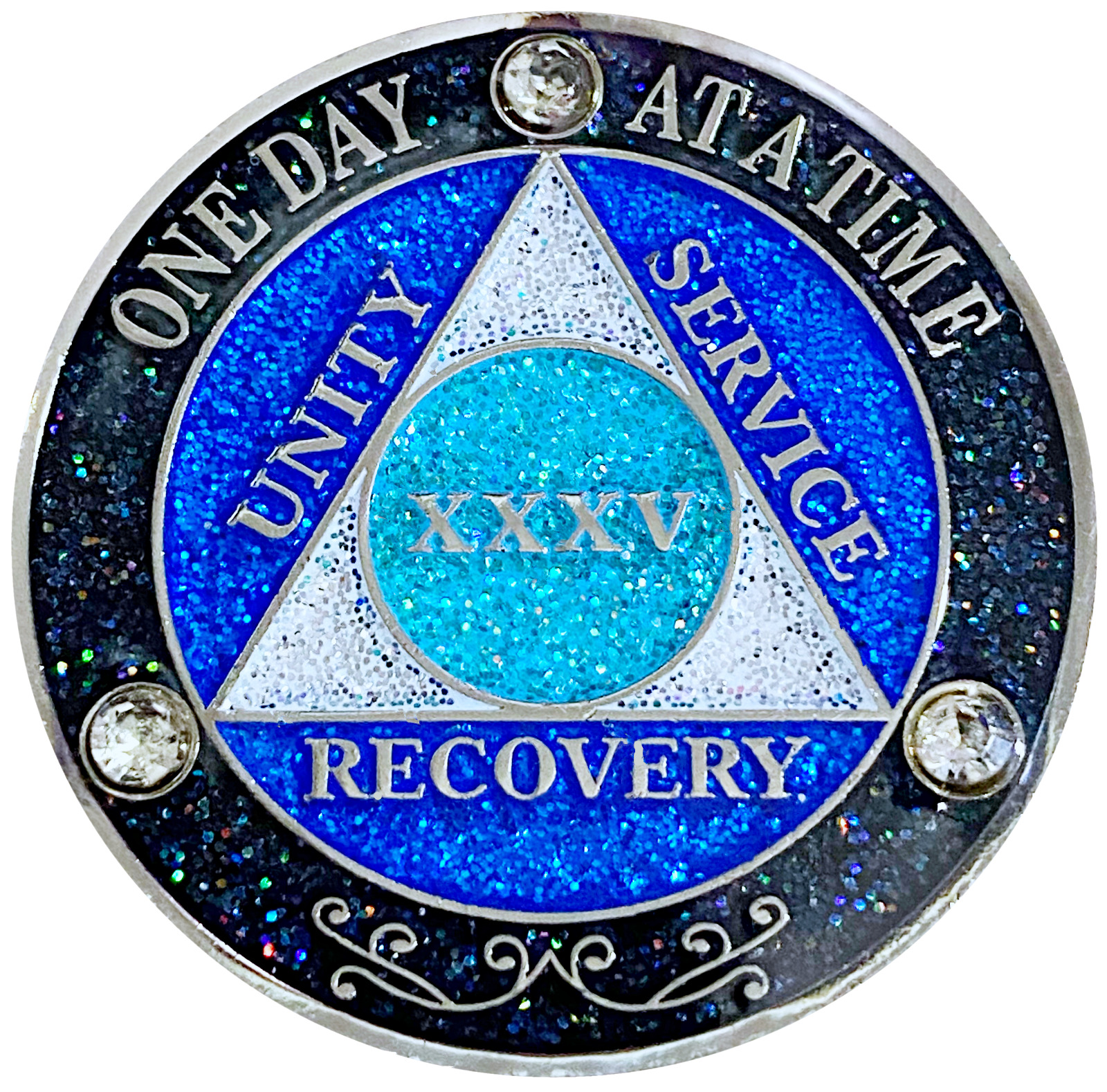 AA 35 Year Crystals & Glitter Medallion, Silver, Blue Color & 3 Crystals