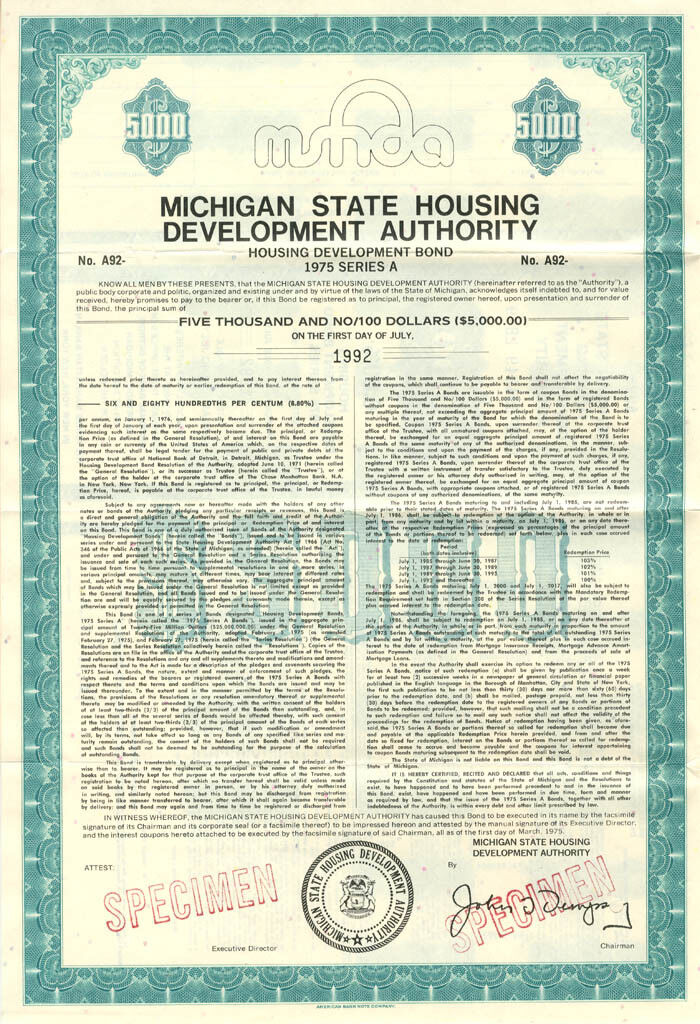 Michigan State Housing Development Authority - Specimen Stocks & Bonds