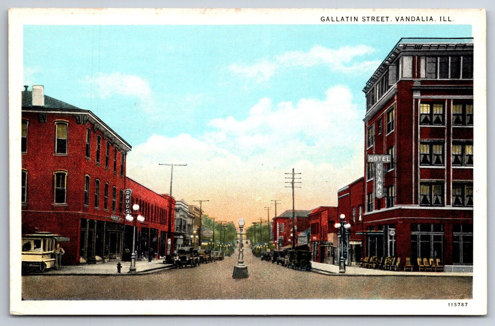 Vandalia IL~Gallatin Street~Hotel Evans~Drug Store~Sidewalk Popcorn Vendor~1920