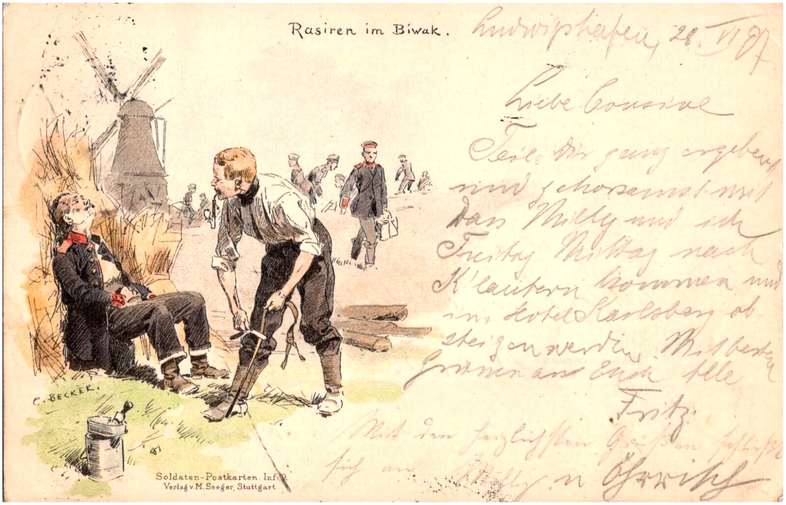 Shave In The Bivouac 1897 German Military Postcard Signed C. Becker