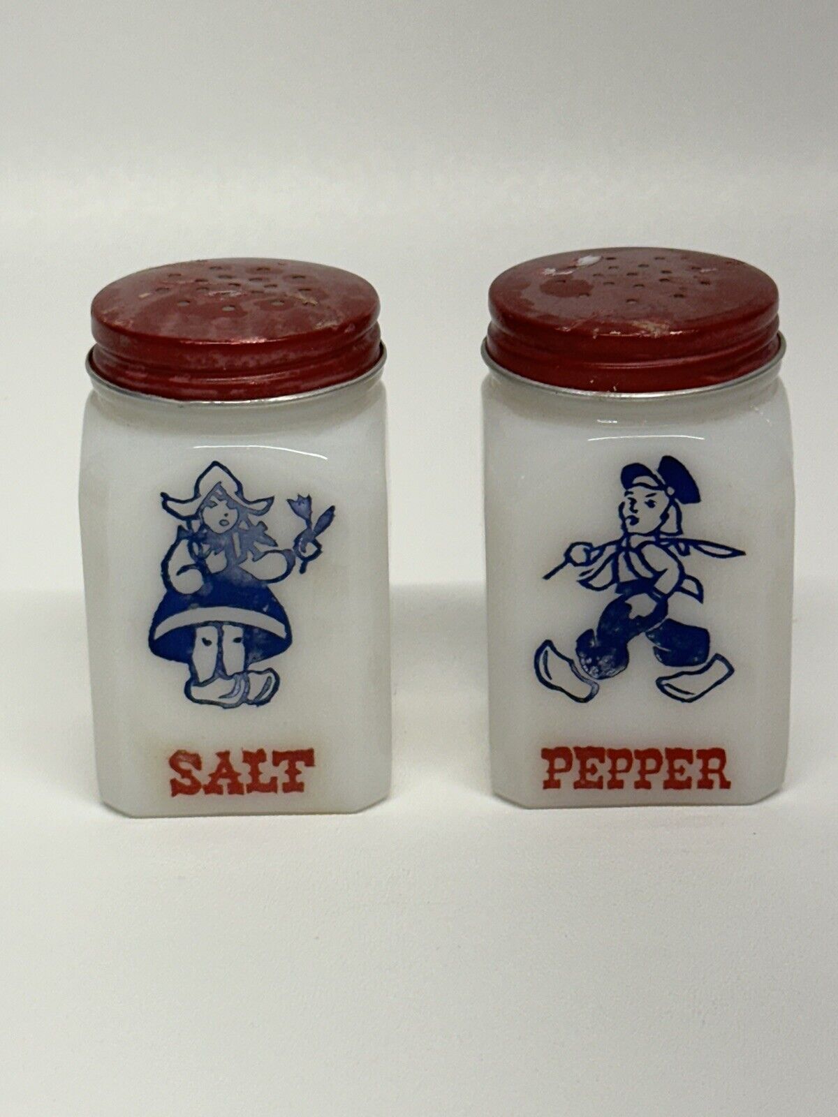 Pair of Hazel Atlas Dutch Boy & Girl Milk Glass Salt & Pepper Shakers Vintage 