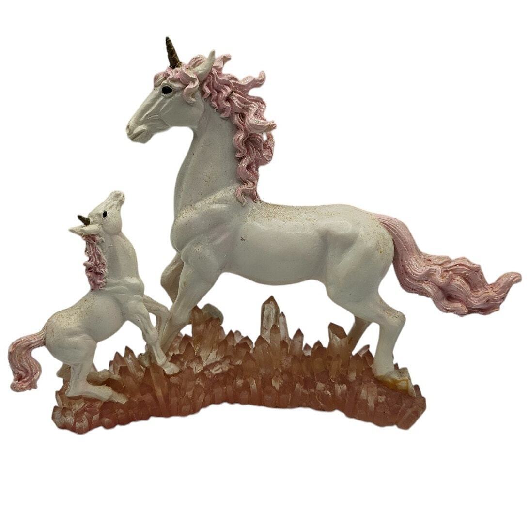 Vintage 1990s Y2K Enchanted Unicorn Statue on Acrylic Crystals Pink Mom and Baby