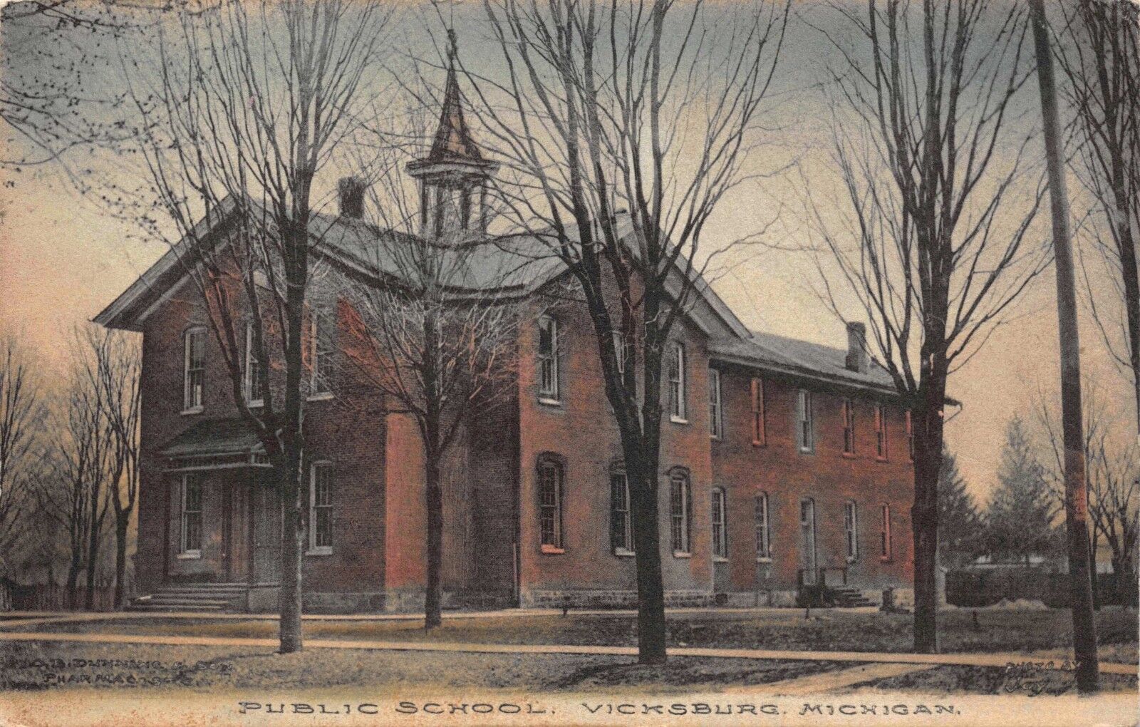 Hand Colored Postcard Public School in Vicksburg, Michigan~118827