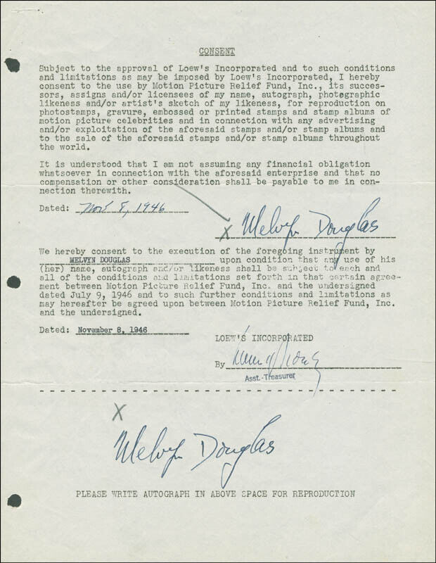 MELVYN DOUGLAS - DOCUMENT DOUBLE SIGNED 11/08/1946