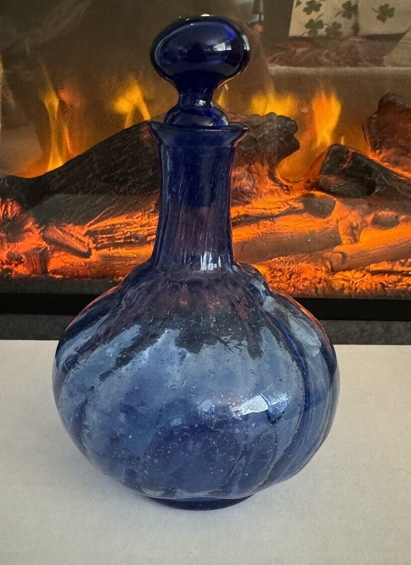Hand Blown Glass Perfume Bottle With Stopper Large Vintage Rare Cobalt Blue MCM