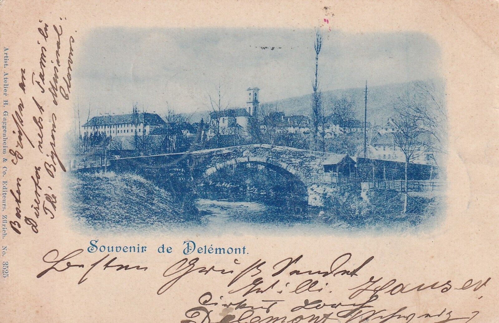 Antique  Delémont Souvenir de Delemont 1899 Swiss Cyanotype Postcard Guggenheim