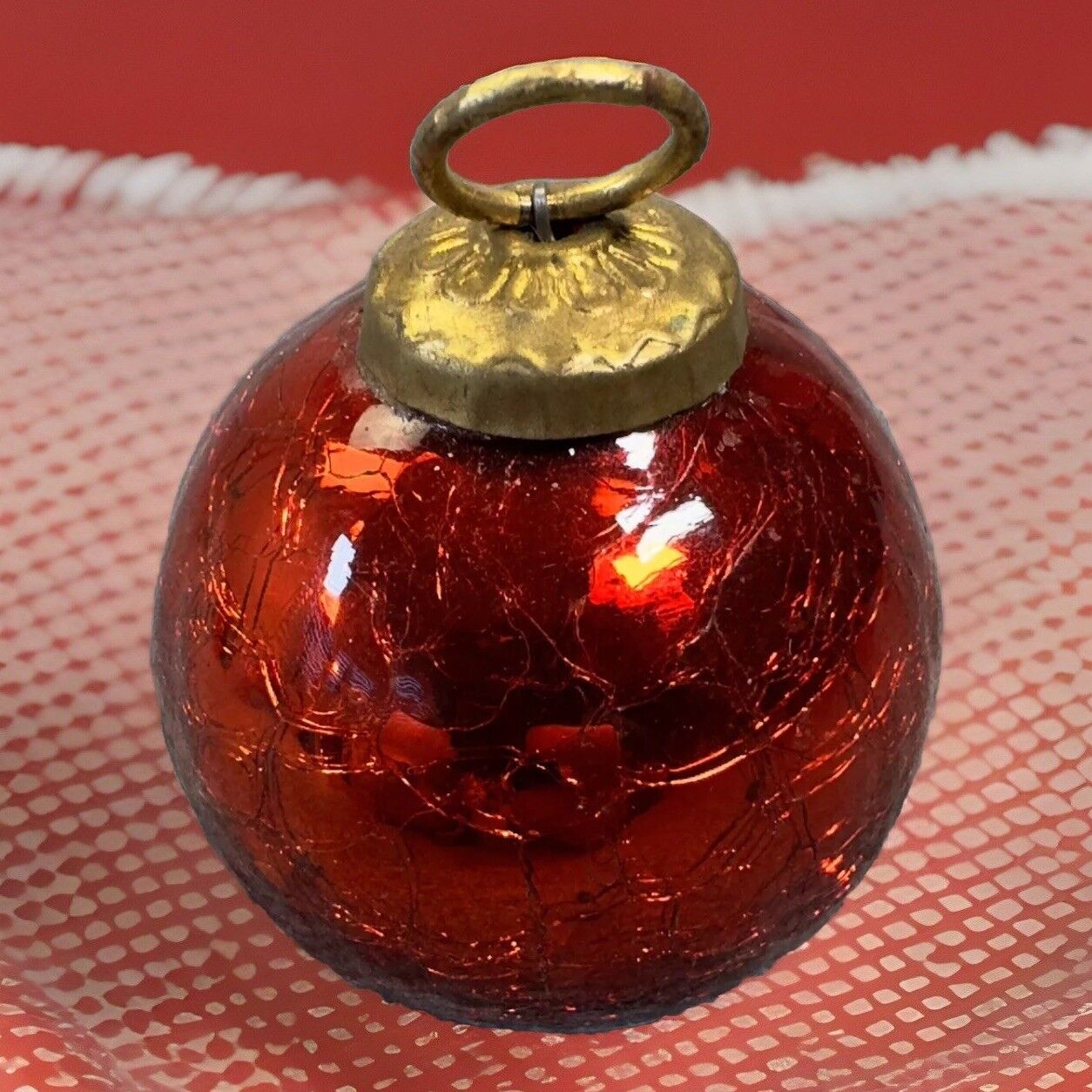 Kugel Red Crackle Glass Christmas Ornament Heavy Glass Hand Blown Vintage