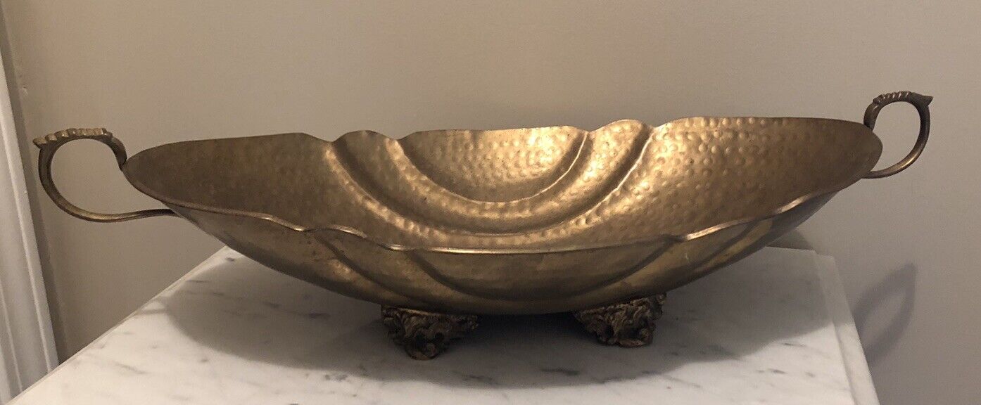Vintage Brass Oblong Bowl with Base and Handles Hollywood Regency 