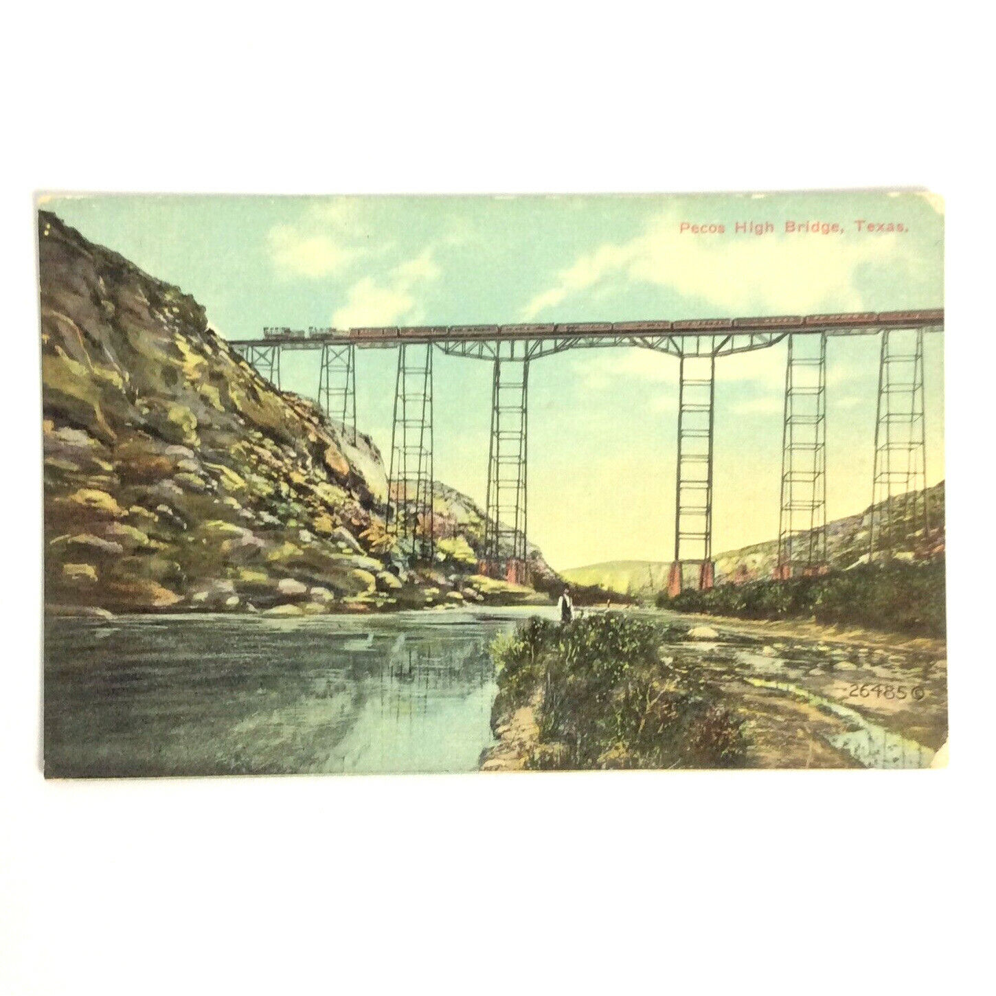 San Antonio TX Postcard Pecos River High Bridge Vtg Hand Colored Unposted