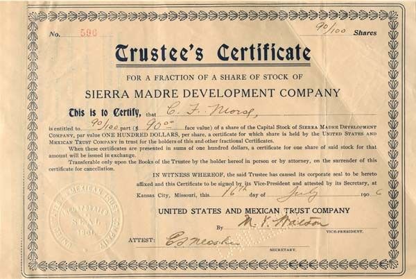 Sierra Madre Development Co. signed twice by C. F. Morse - Autographed Stocks & 