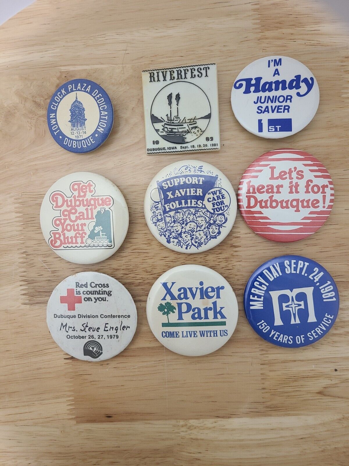 Great Collection of 9 Vintage Dubuque Pins from 1970's and 1980's 