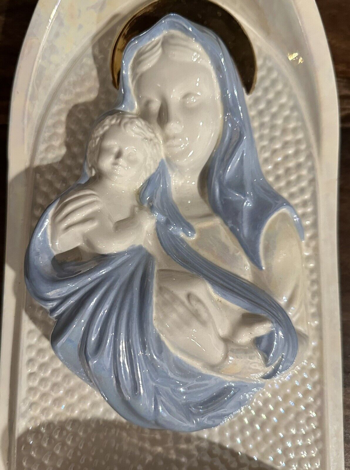 Vintage Atlantic Mold 14” Water Font Iridescent Baby Blue Madonna Child Catholic
