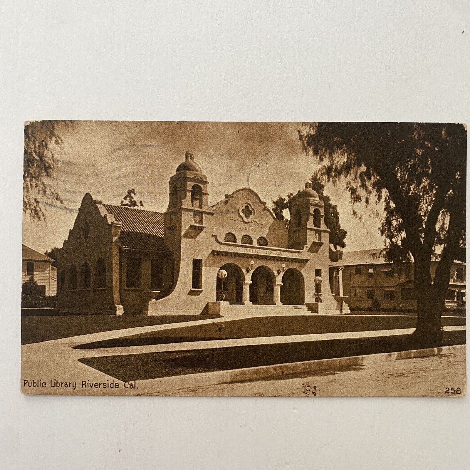 Carnegie Public Library c.1910s RIVERSIDE, CALIFORNIA Sepia Postcard