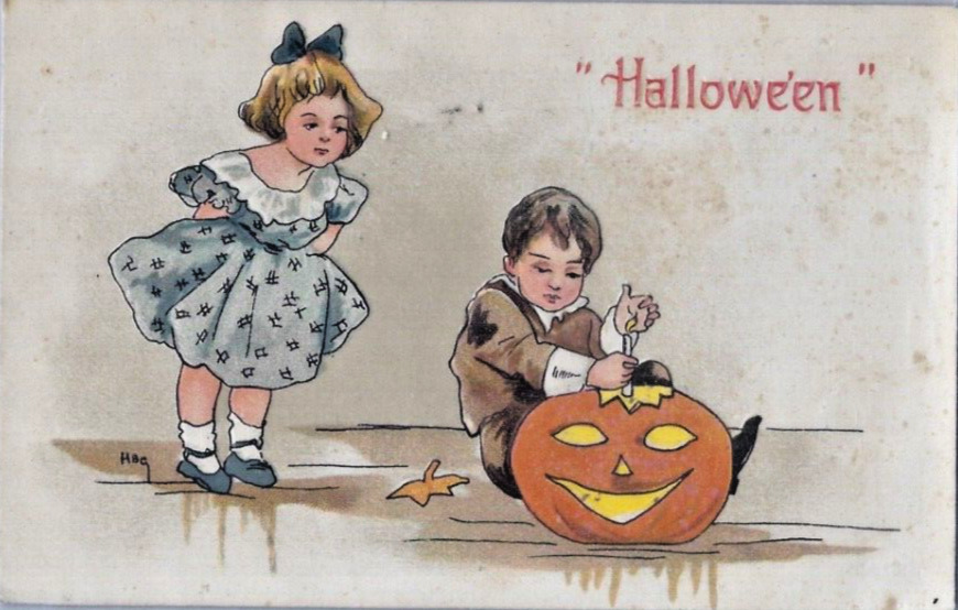 Vintage 1908 HALLOWEEN Postcard W/VICTORIAN CHILDREN CARVE JOL SIGNED HBG #2214