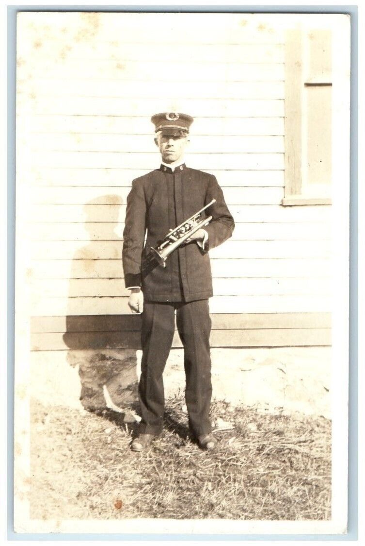 c1910's Band Member Trumpet Instrument View RPPC Photo Unposted Postcard