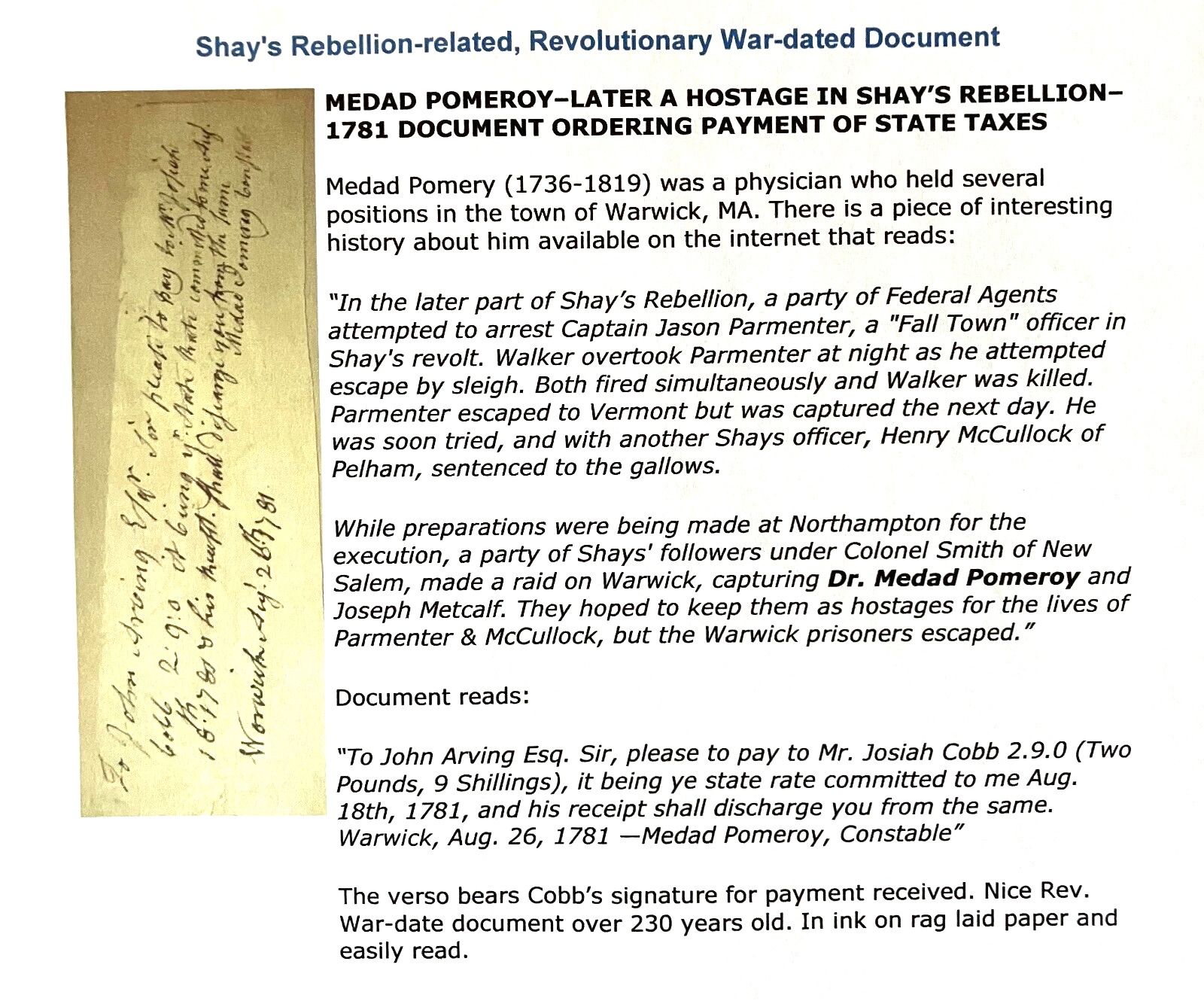 American Revolution Era Document Shay's Rebellion Related