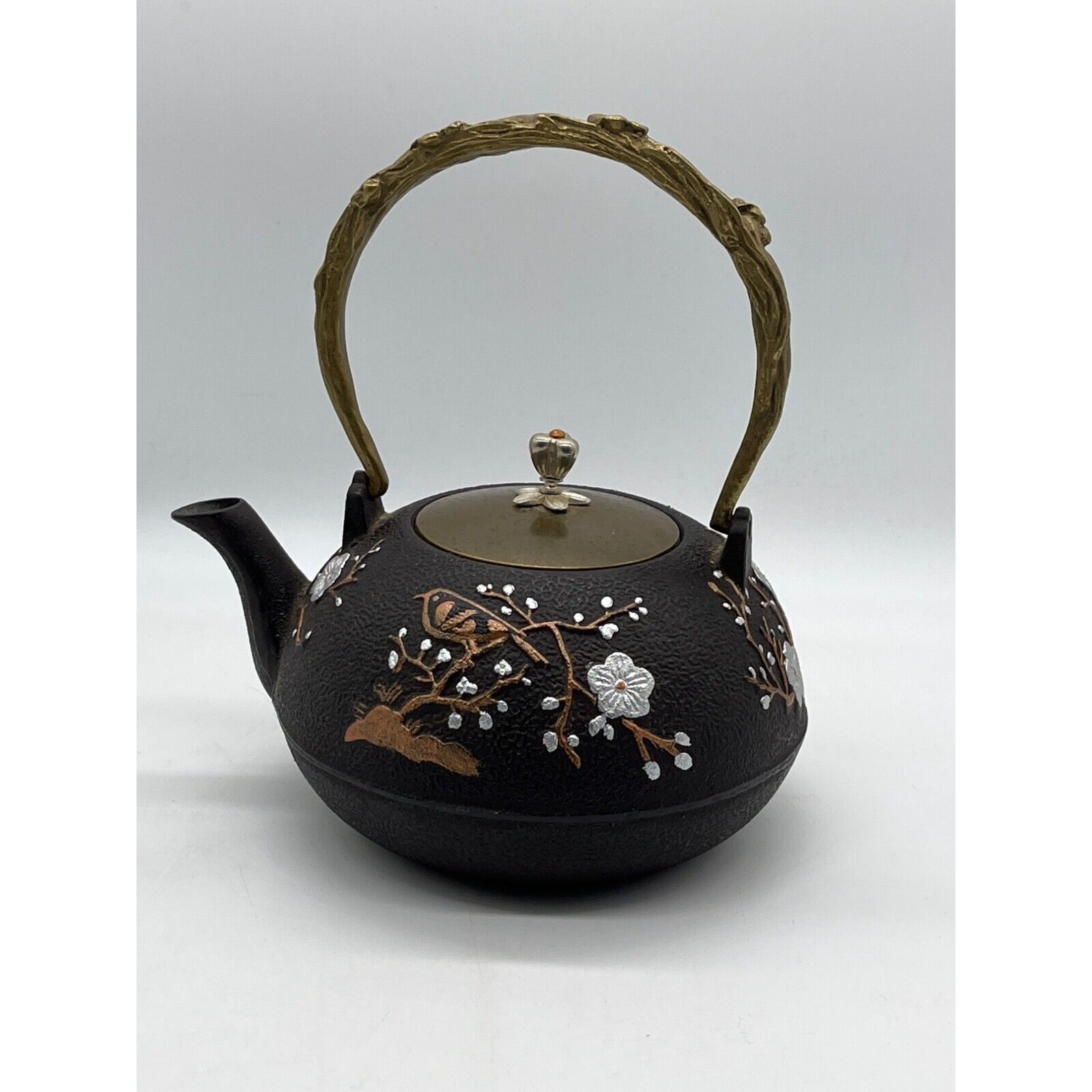 Vintage Cast Iron Teapot Japanese Floral Carved Heavy Kitchen Decor