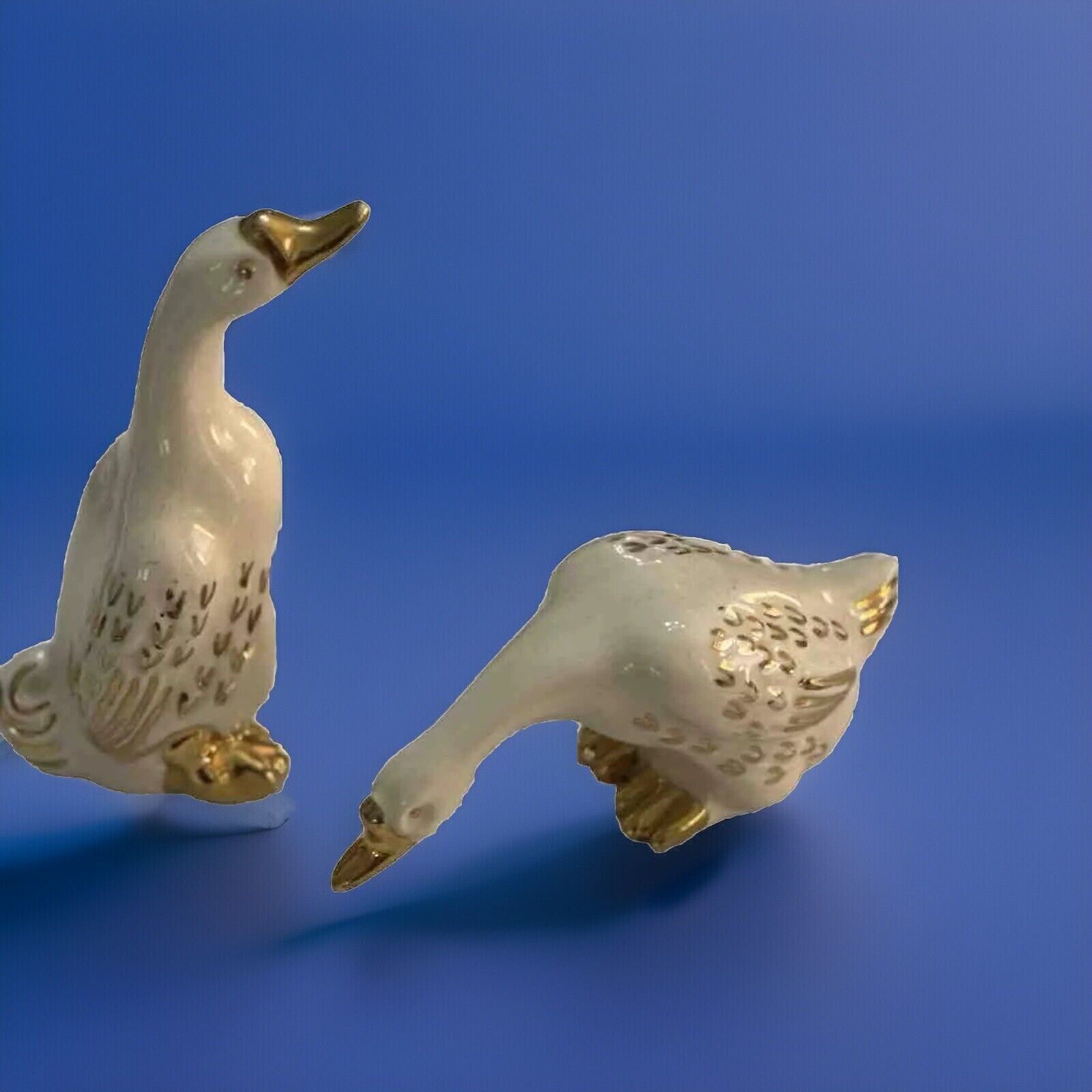 VTG Pair Porcelain White Glaze Gold Trim Peking Duck Figurines Le Pere Pottery