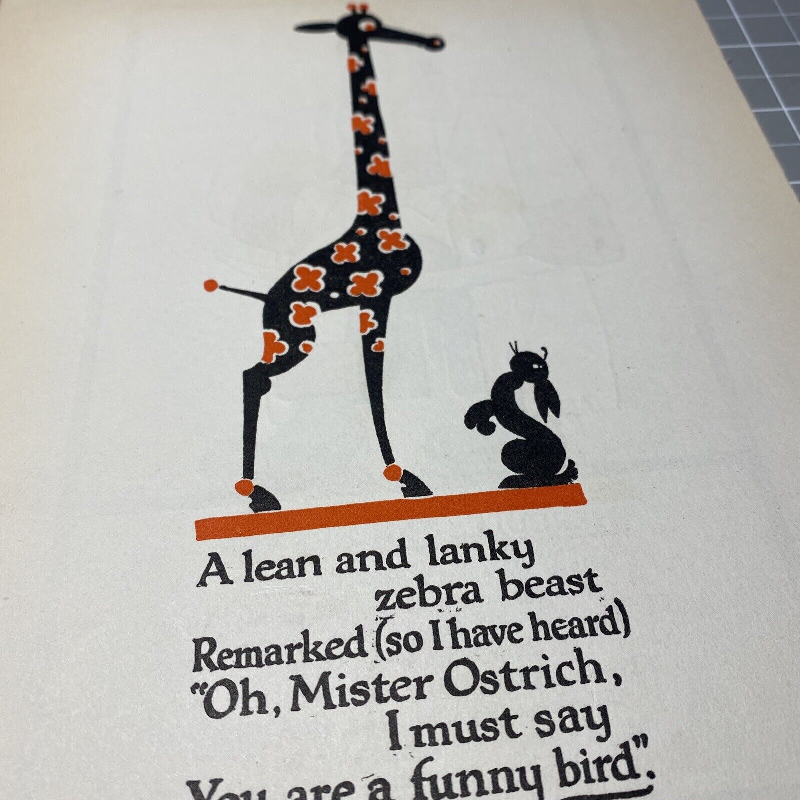 Vintage whimsical book illustration -Giraffe Flower  Lean Lanky Bunny Friend