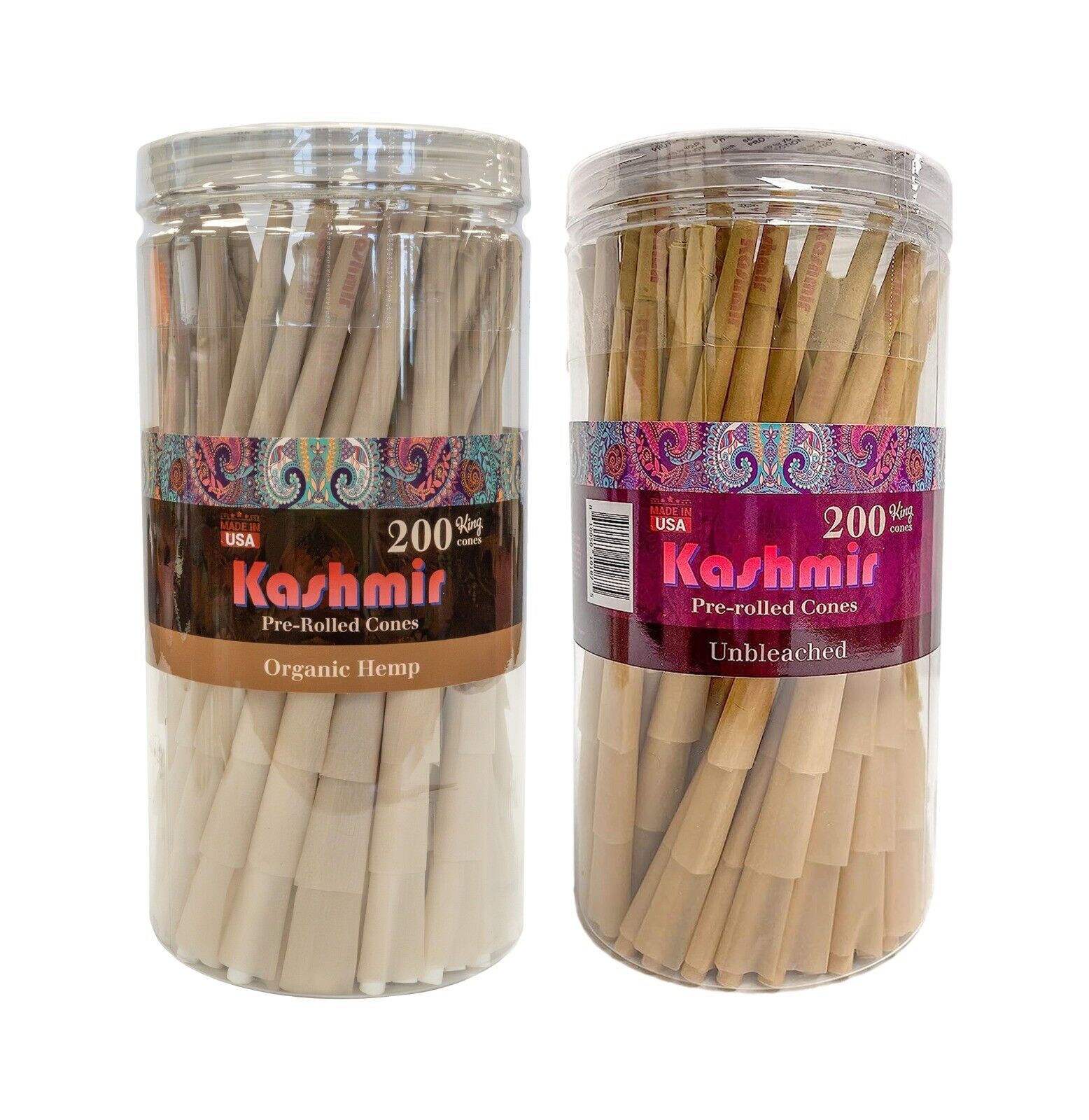 2 Jars of 200 Organic and Unbleached Pre Rolled Cones Combo King Size by Kashmir