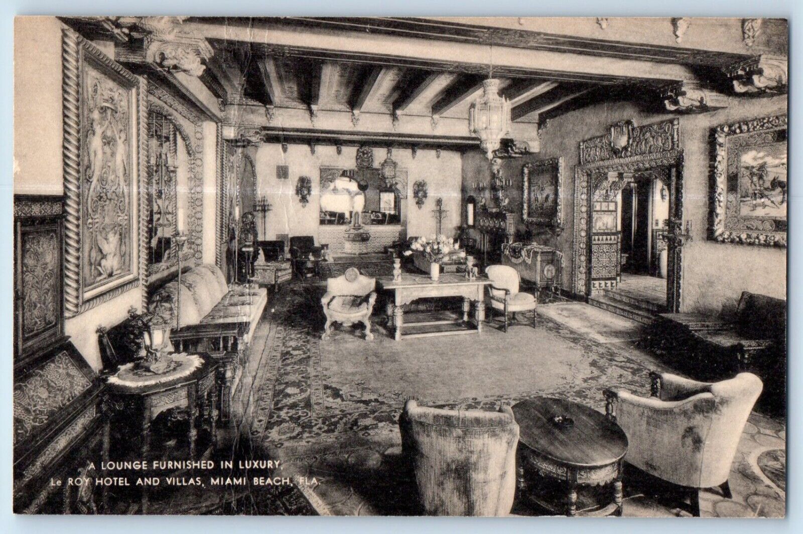Miami Florida Postcard Lounge Furnished Luxury Le Roy Hotel Villas c1940 Vintage