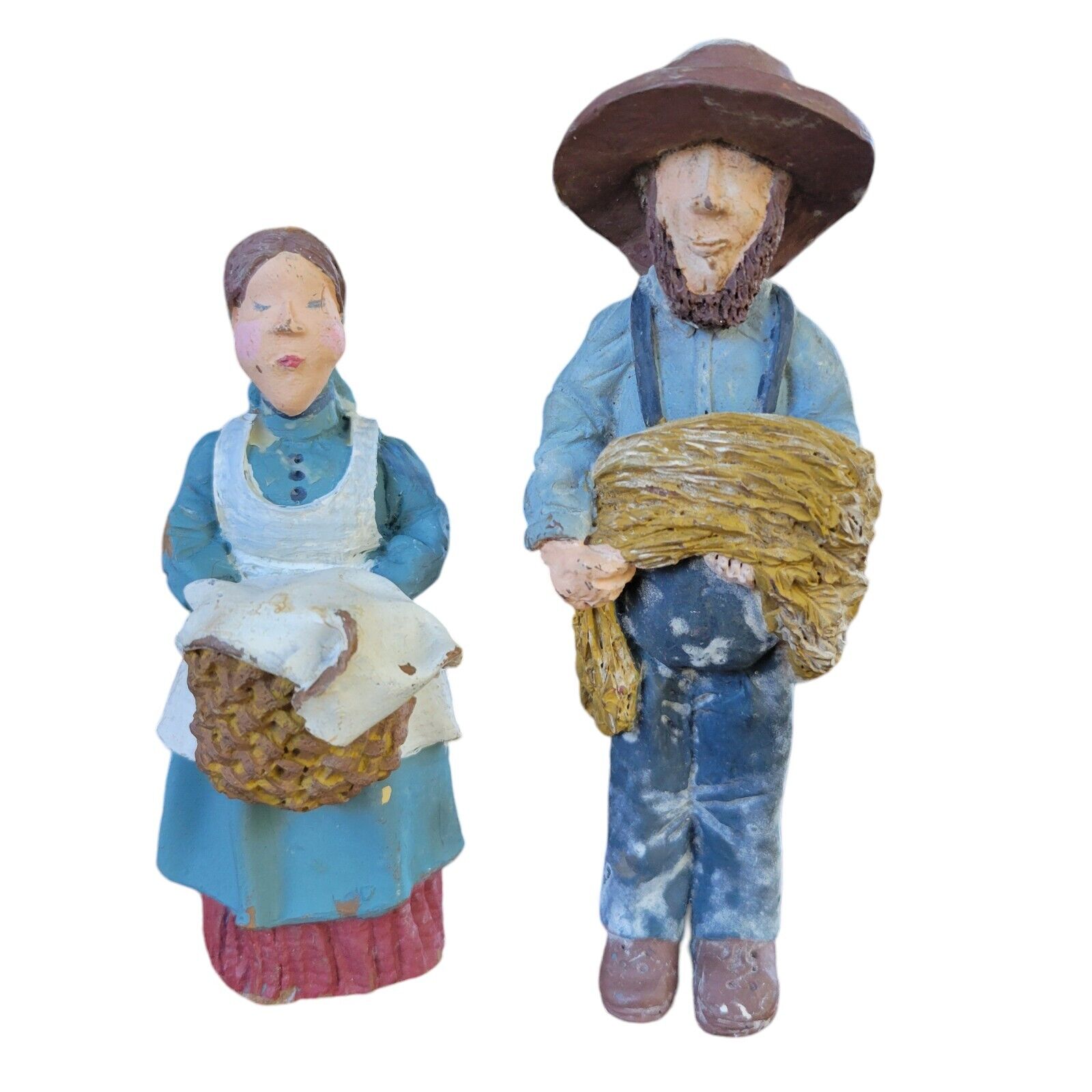 Vtg Amish Woman Man Couple Clay Hand Painted Sculptures Figurines 6.25\