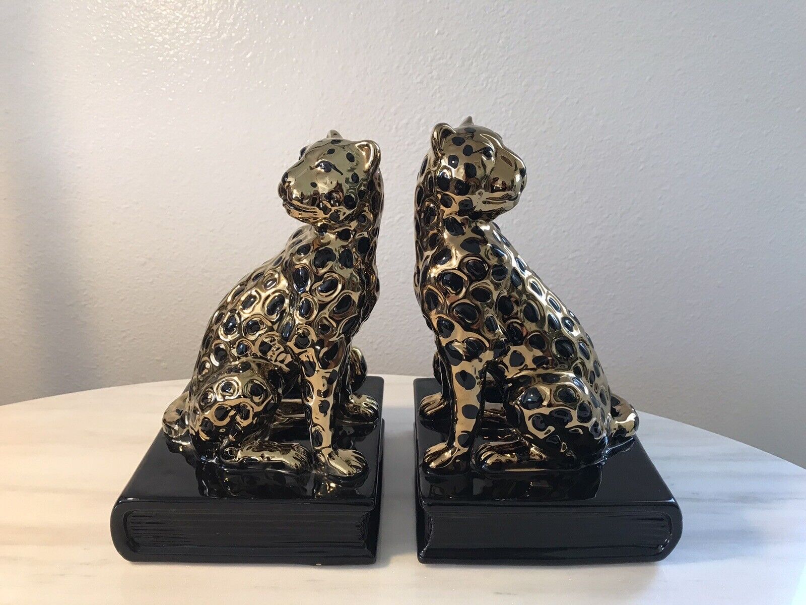 Leopard Jaguar Panther Cat Glazed Ceramic MCM Bookends Gold Black