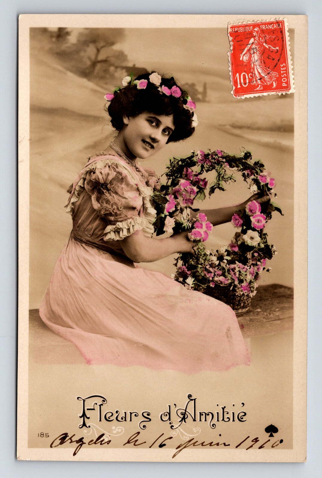 RPPC French Hand Colored Portrait of Yound Woman Flowers Cheri Jeanne Postcard