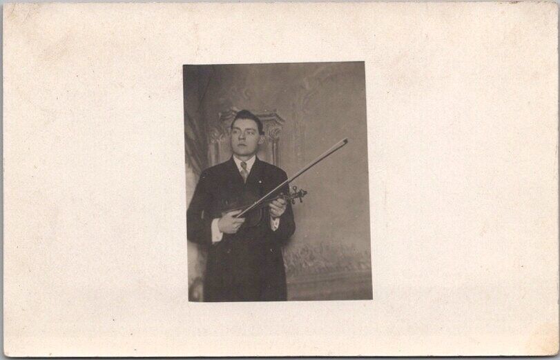 Vintage 1910s Real Photo RPPC Postcard Man with VIOLIN / House Interior View