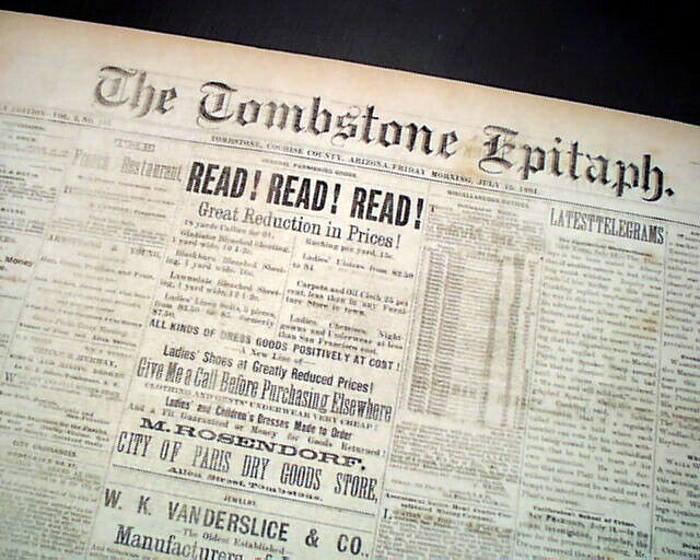 Rare TOMBSTONE EPITAPH Pre Gunfight at the O.K. Corral AZ Arizona 1881 Newspaper