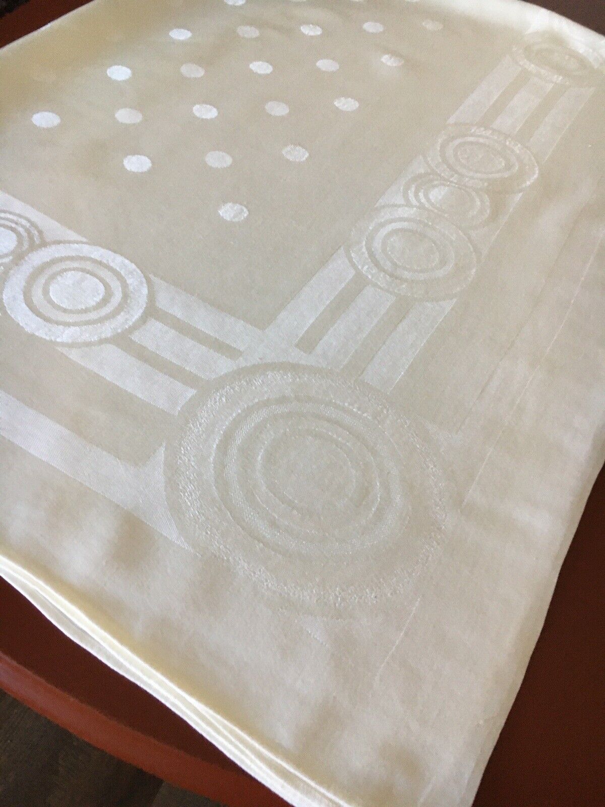 Vintage Damask Art Deco Polkadot Tablecloth Ivory 48”x64”