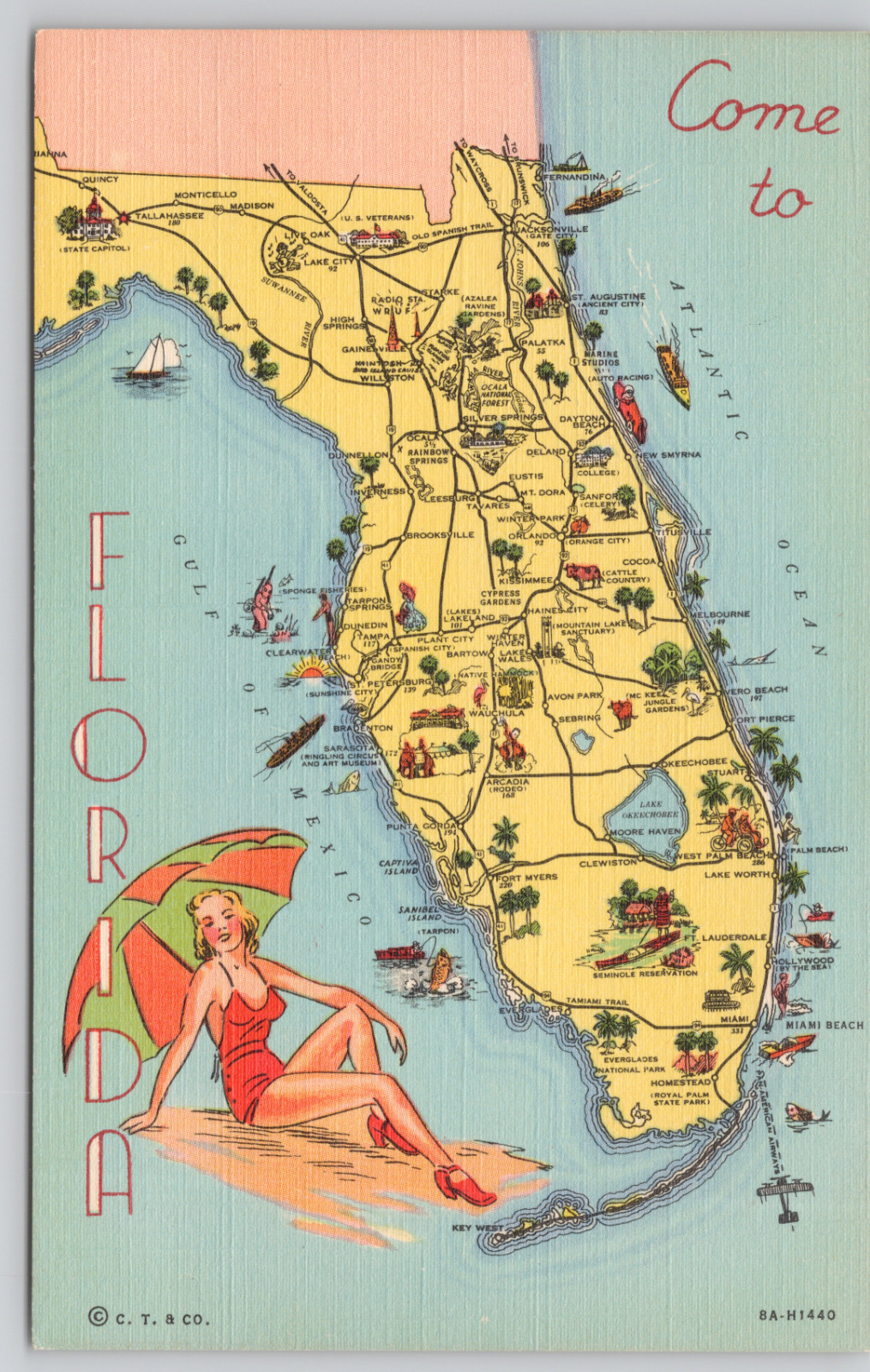 Come To Florida Map Greeting Linen Postcard