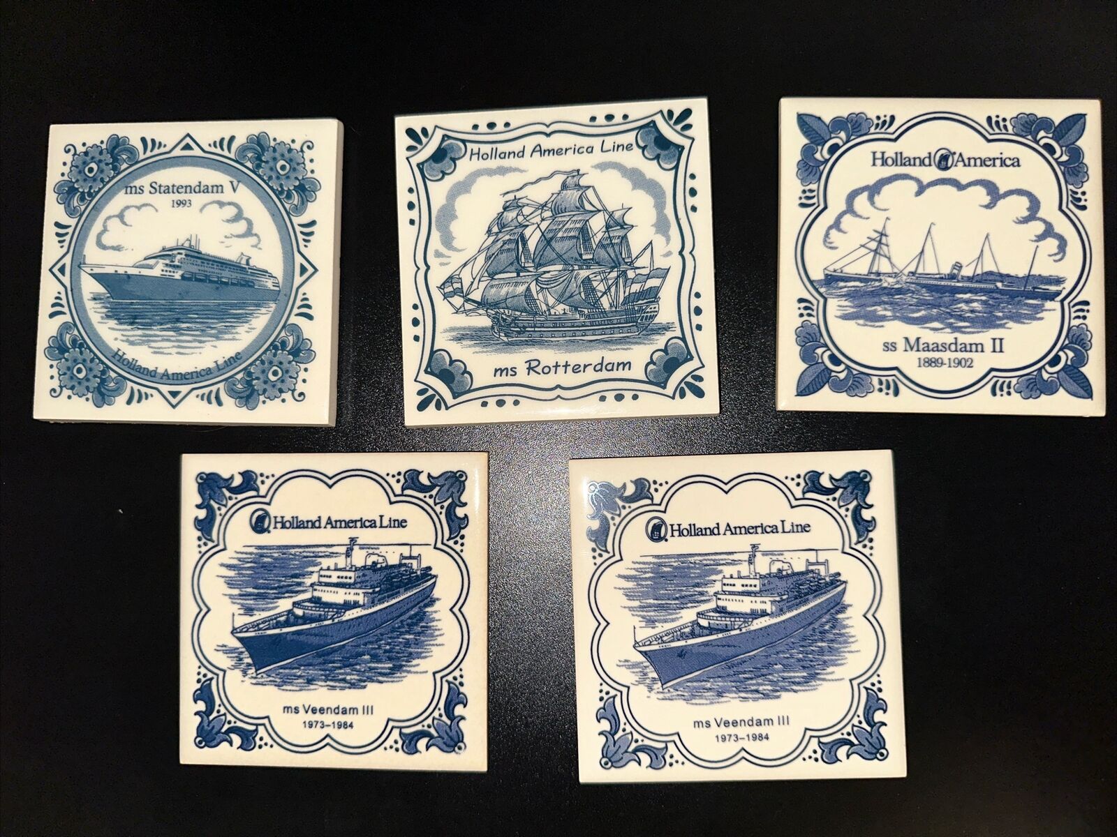 Vintage Holland America Line Ship Blue White Tile Coasters Collection Lot of 5