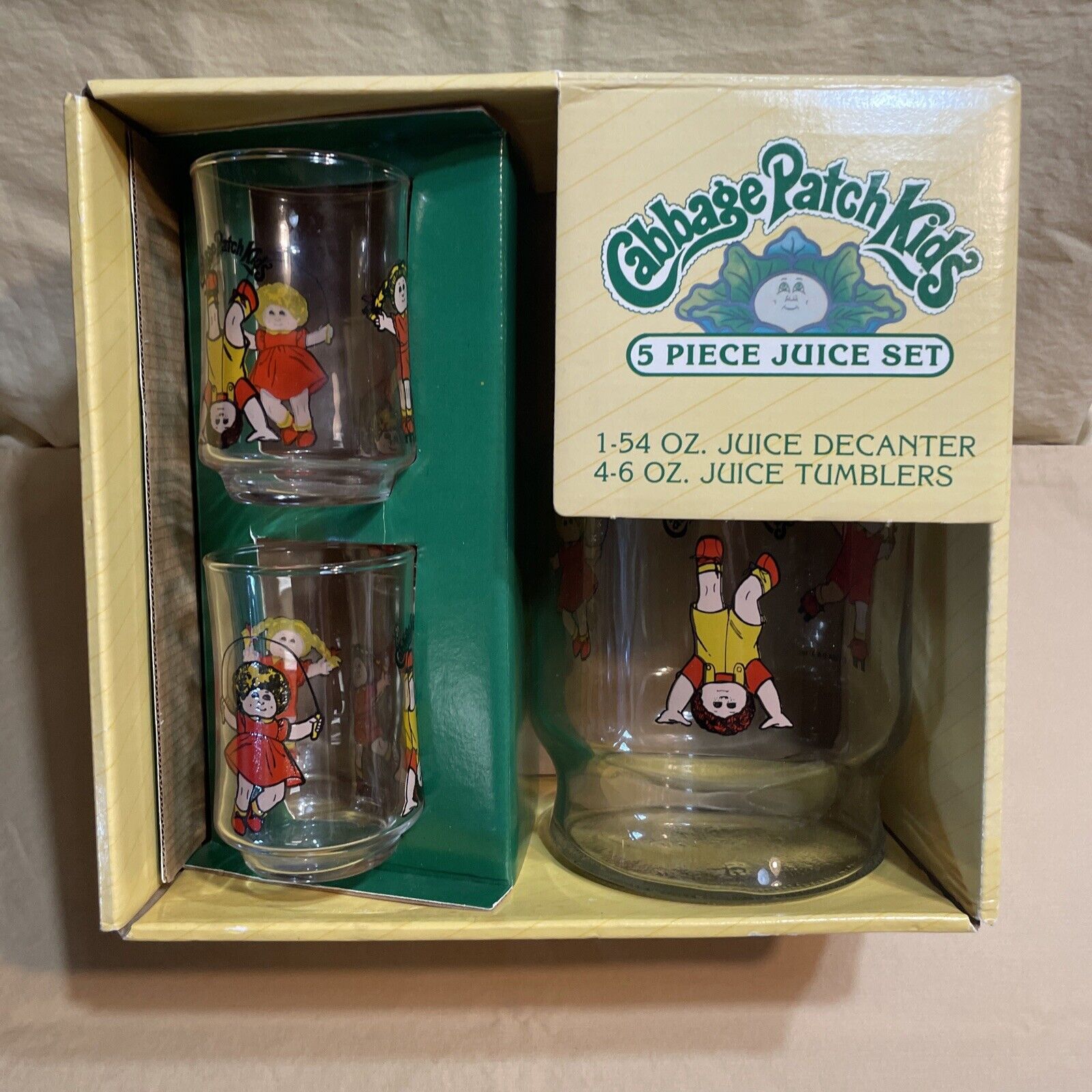 Vintage 1984 Cabbage Patch Kids 5pc Juice Set In Box 4 Glasses 1 Decanter W/ Lid