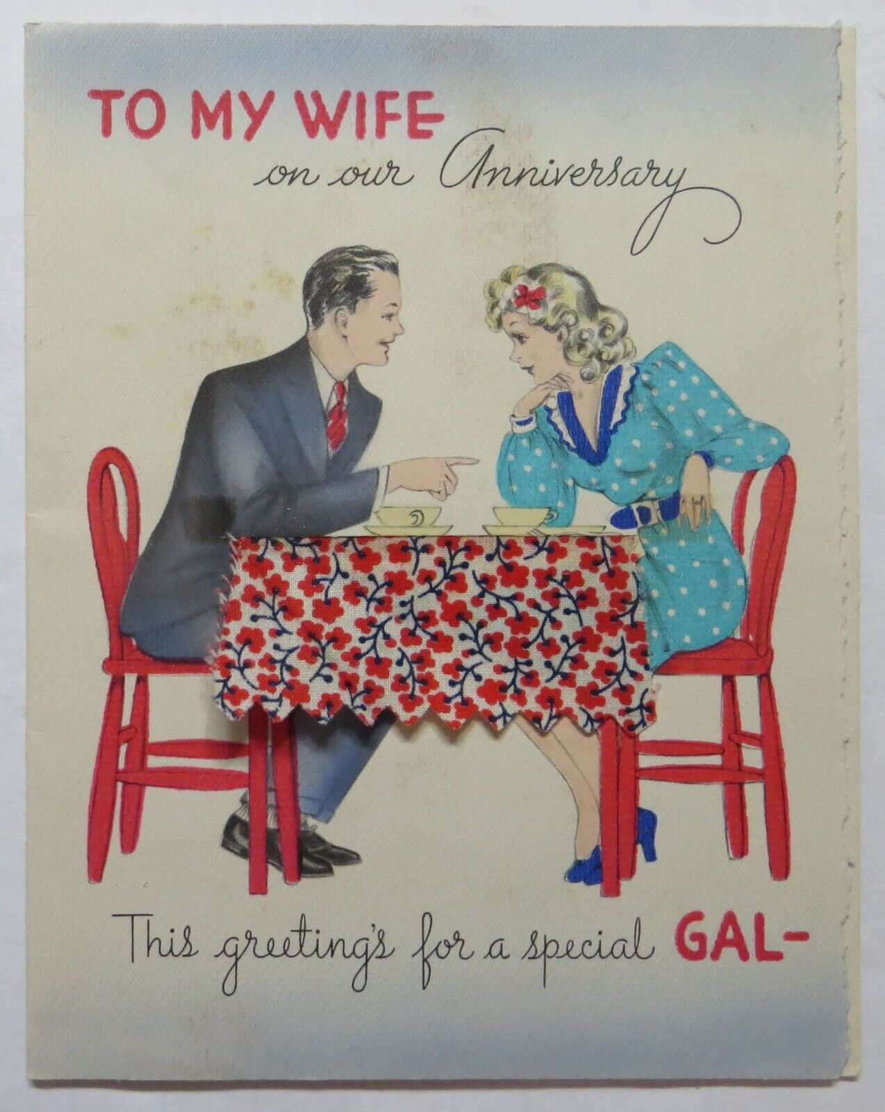Vtg Anniversary Card To Wife-COUPLE HAVING TEA FABRIC TABLE CLOTH-Gibson