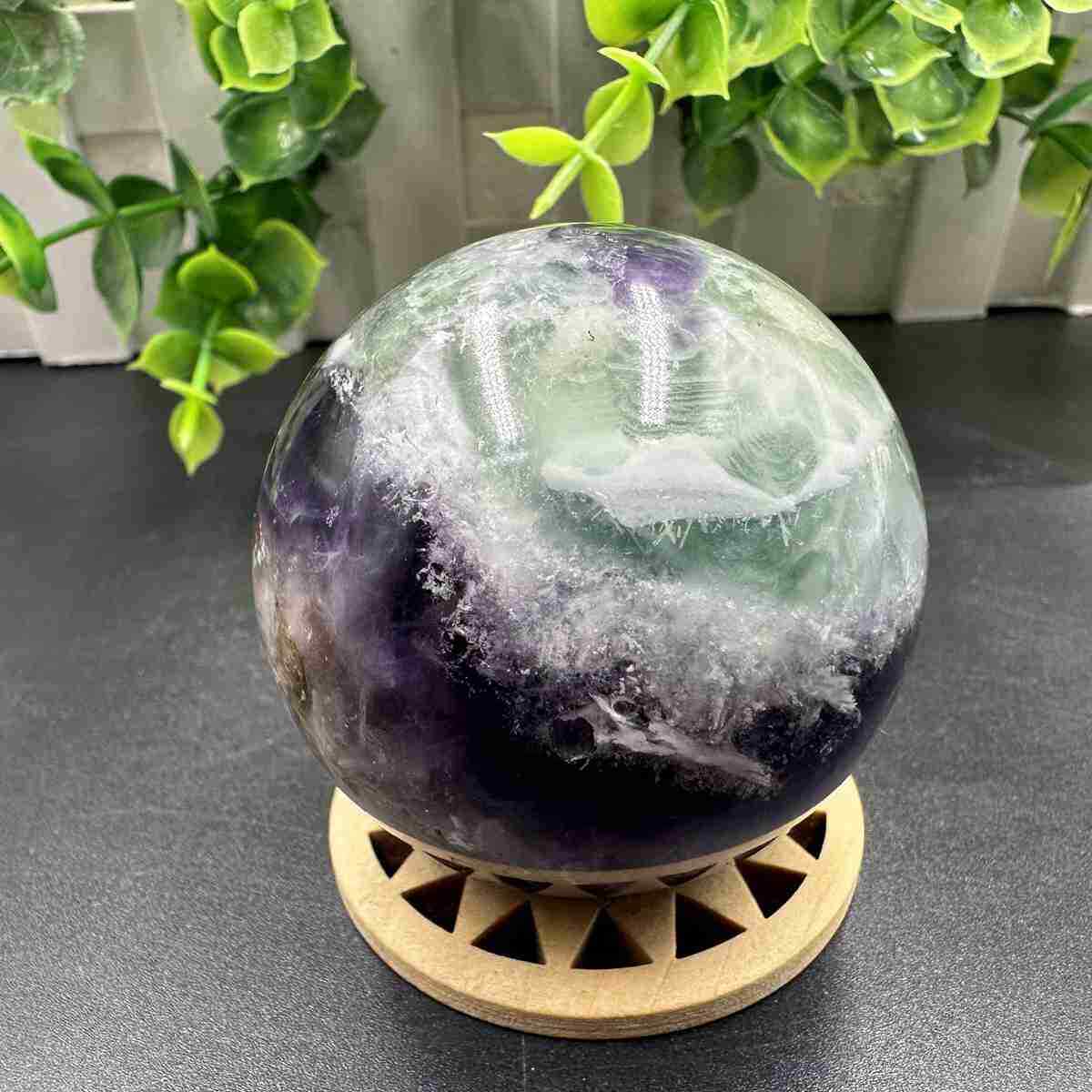 245g Natural Feather Fluorite Quartz Sphere Crystal Ball Reiki Healing Decor 