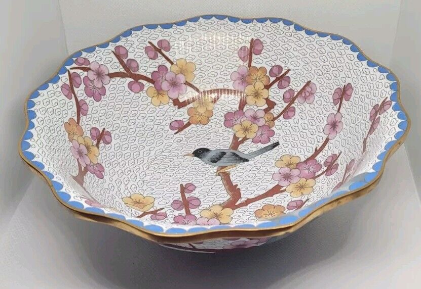 Vintage Chinese Cloisonne Jingfa Cherry Blossom Bowl 9” Blue Bird Scalloped