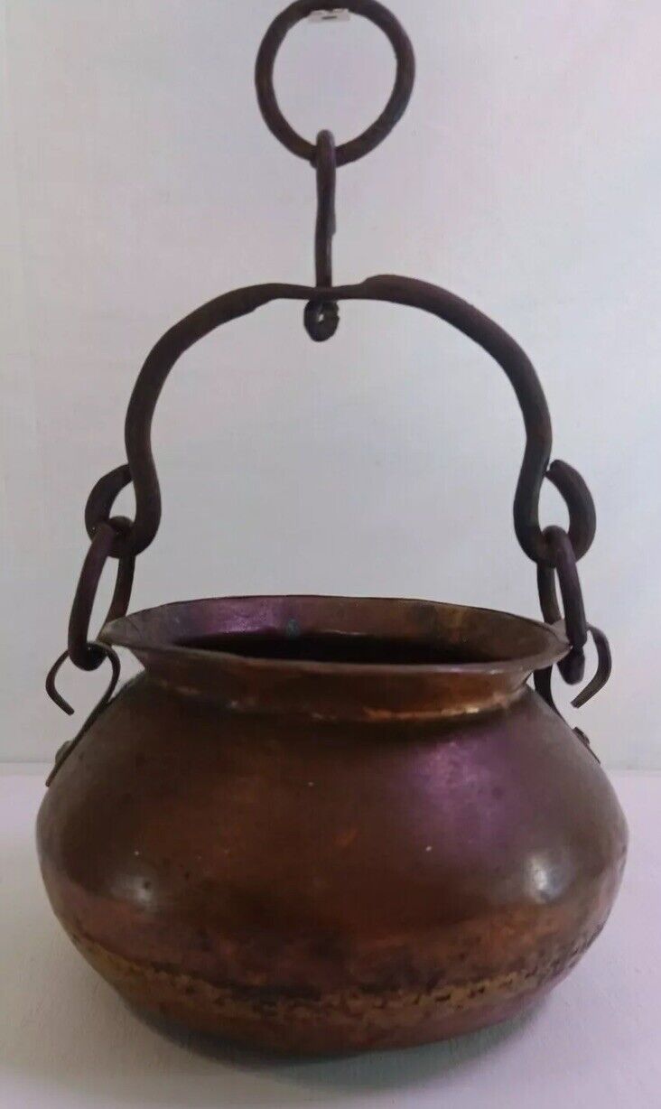 Antique Hanging Copper Cauldron Fireplace Kettle Pot w/Iron Handle & Dovetail