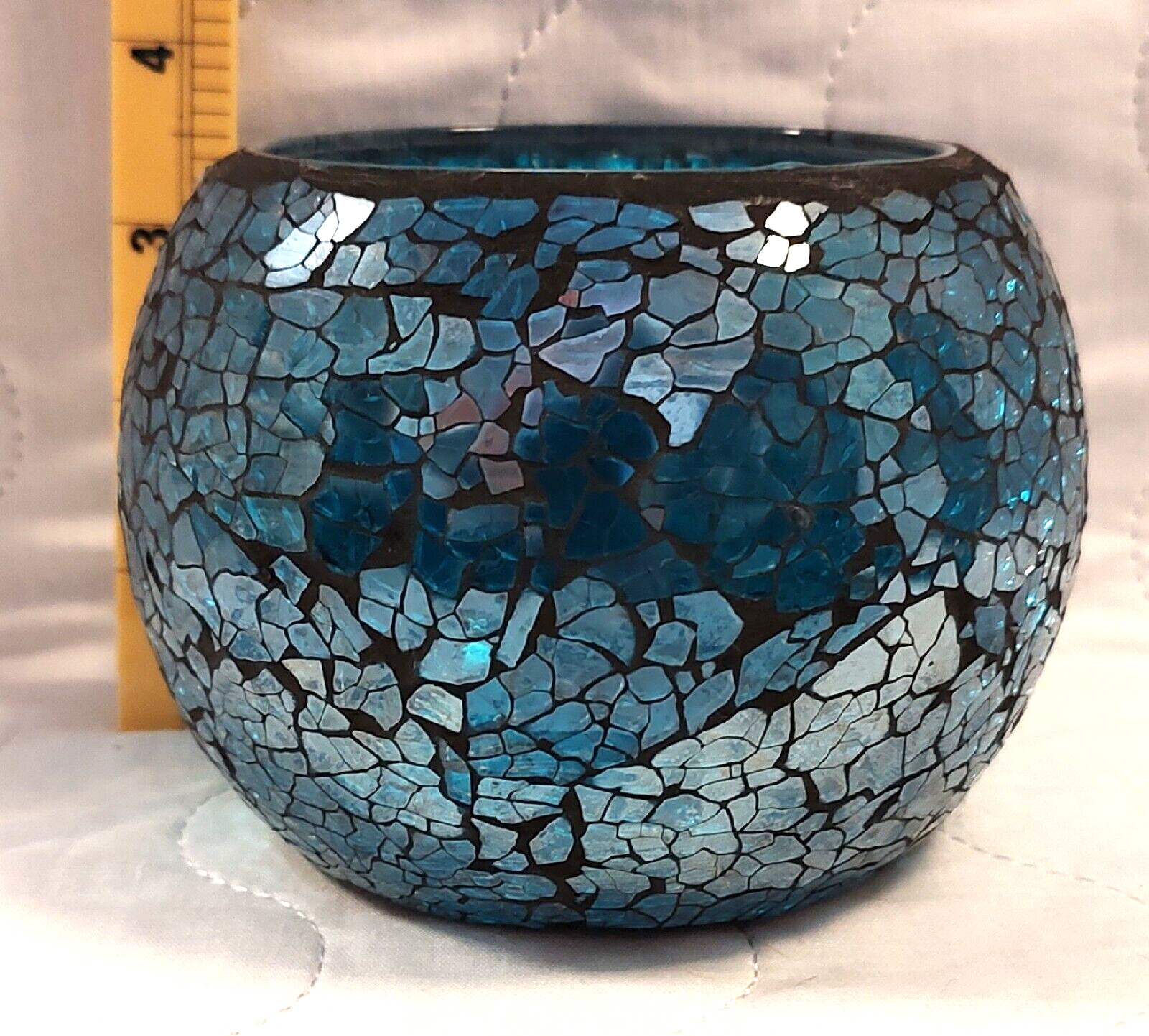 Mosaic Crackled Turquoise Blue  Glass Candle Holder 3.5\
