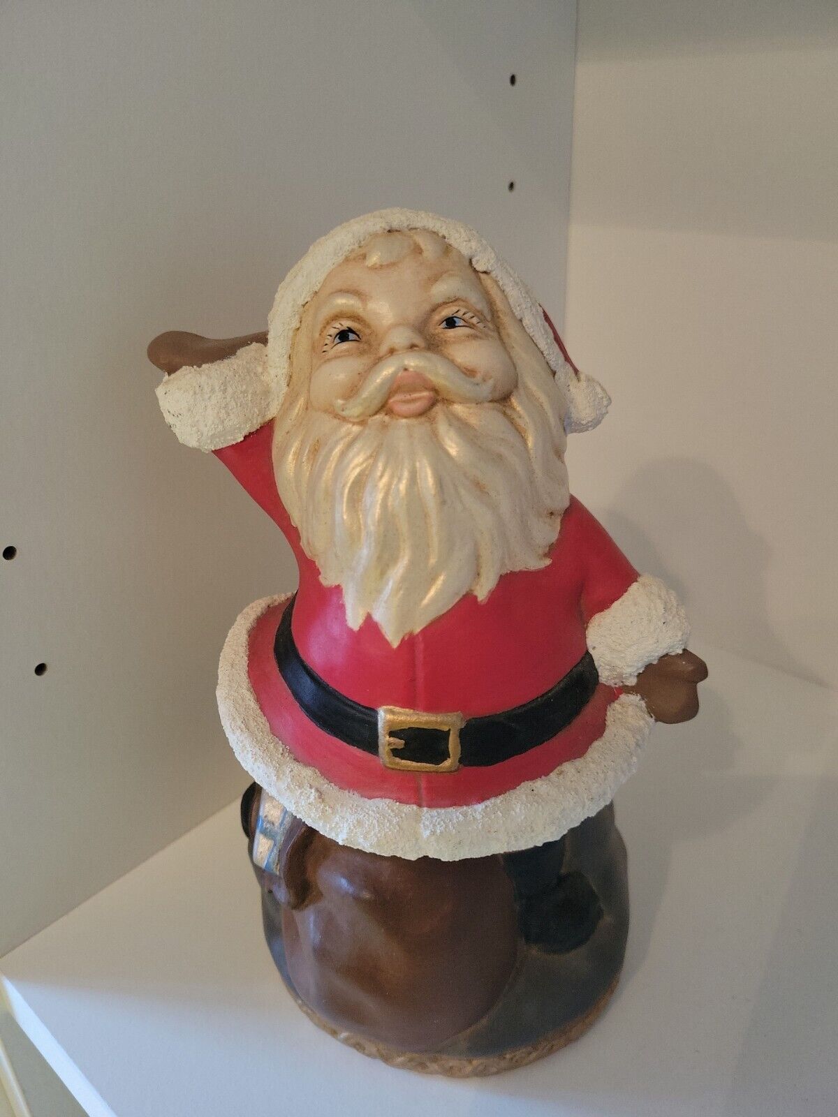 Vtg Ceramic Waving Santa Handpainted Red Gift Sack Christmas Signed Pat '77