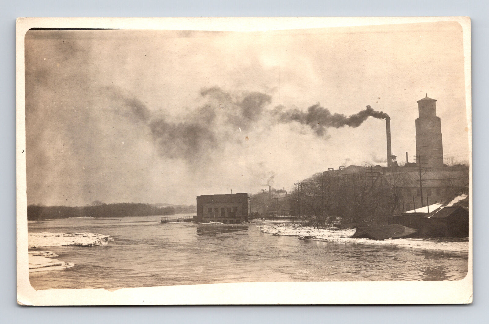 RPPC Unknown Facory and River Pump House or Lock Real Photo Postcard
