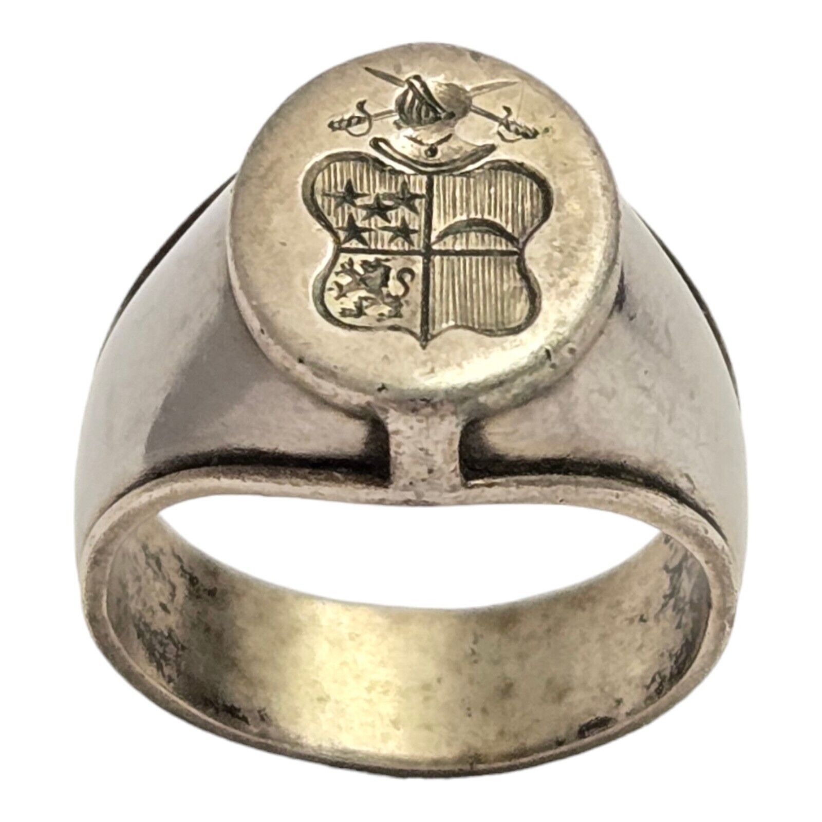 Antique Sterling Silver Family Crest Intaglio Seal Shield Ring -Size13