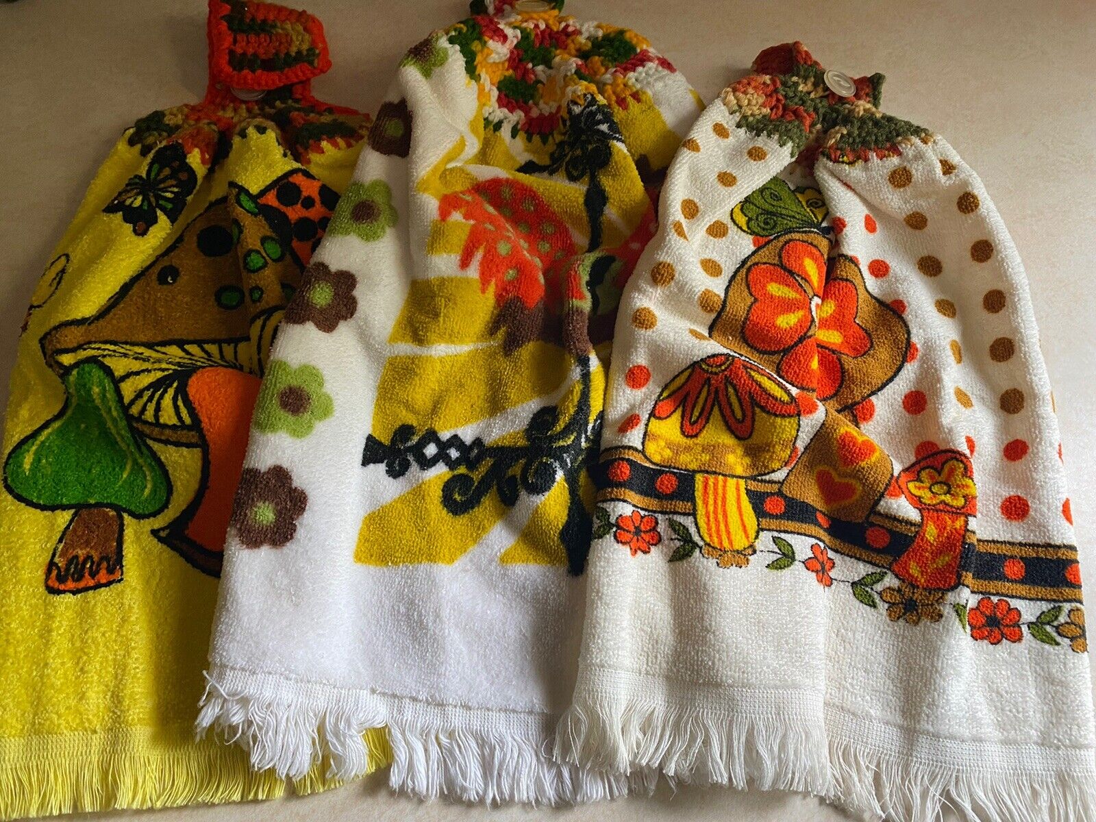Vintage Kitchen Dish Towels Mushroom Rooster Chicken Retro Cotton Knit