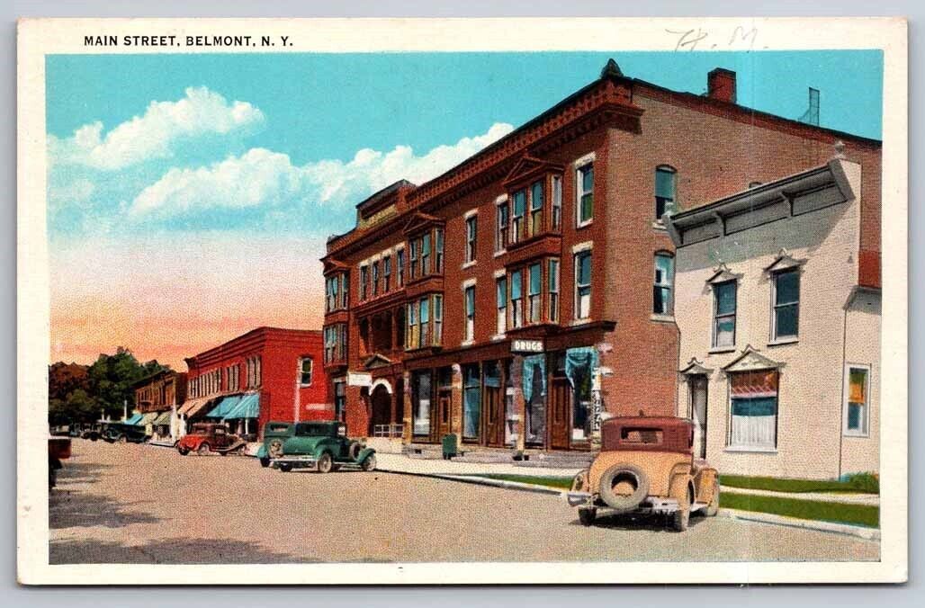 Main Street Belmont NY New York Street Scene Vintage Cars Postcard